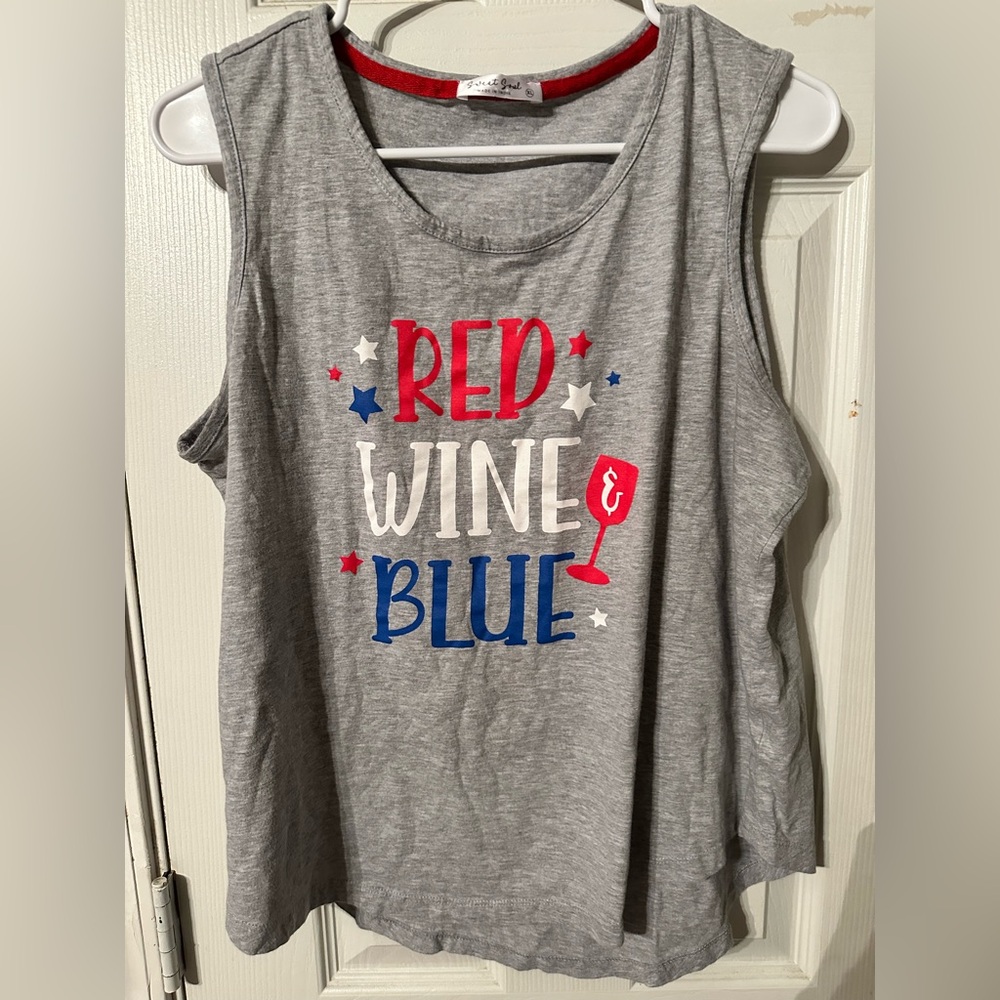 Gray Sleeveless Top with Red, White, and Blue Print